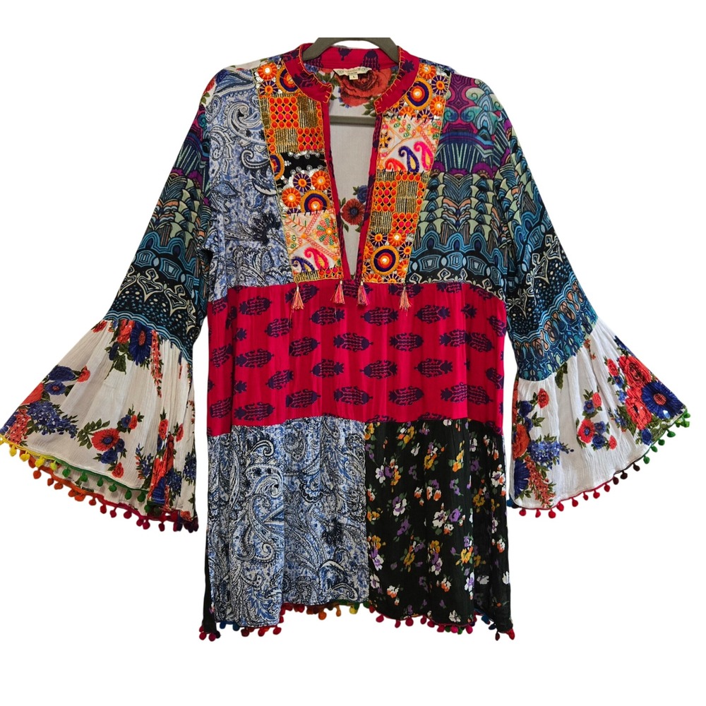 Anandas Collection Womens L Festive Boho Patchwork Tunic Bell Sleeve Pom Pom